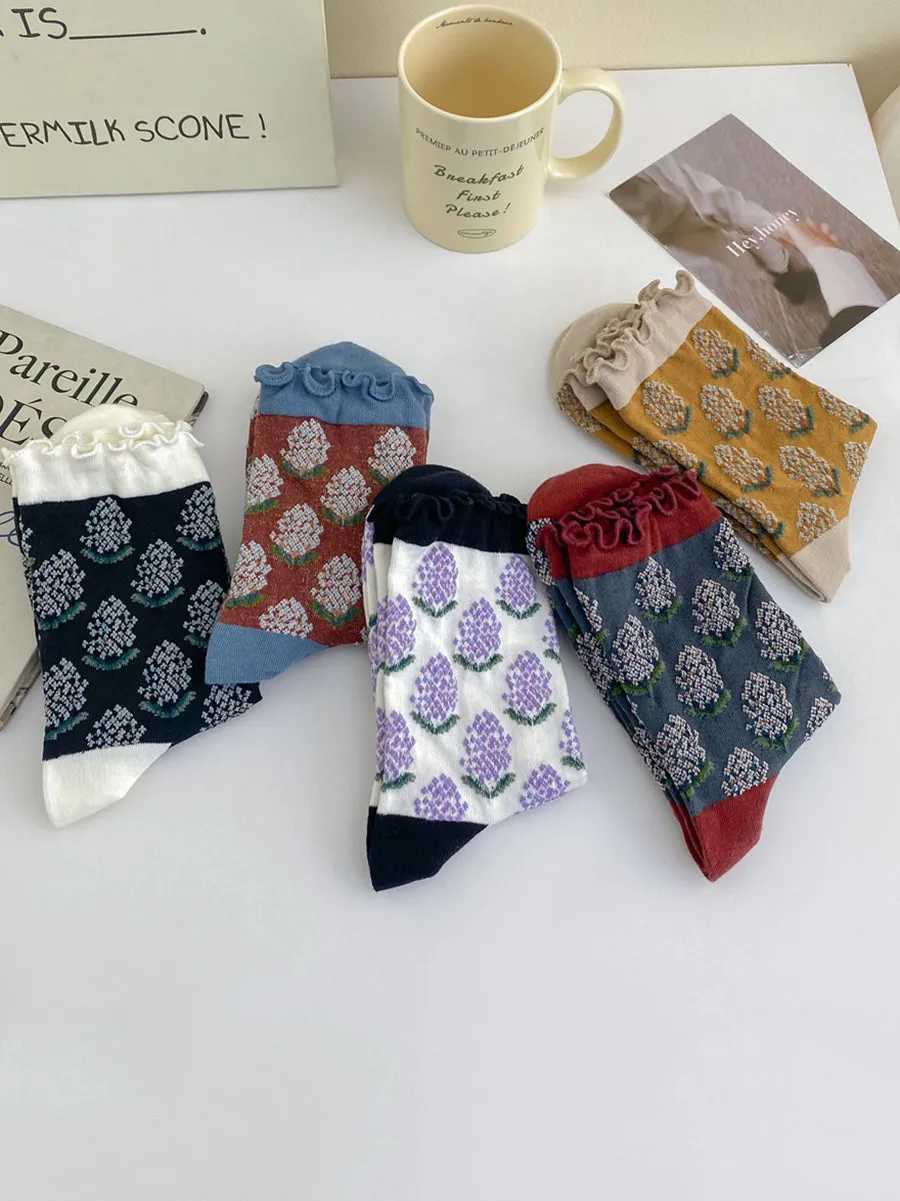 5 Pairs Women Artsy Flower Mid-Heel Cotton Socks