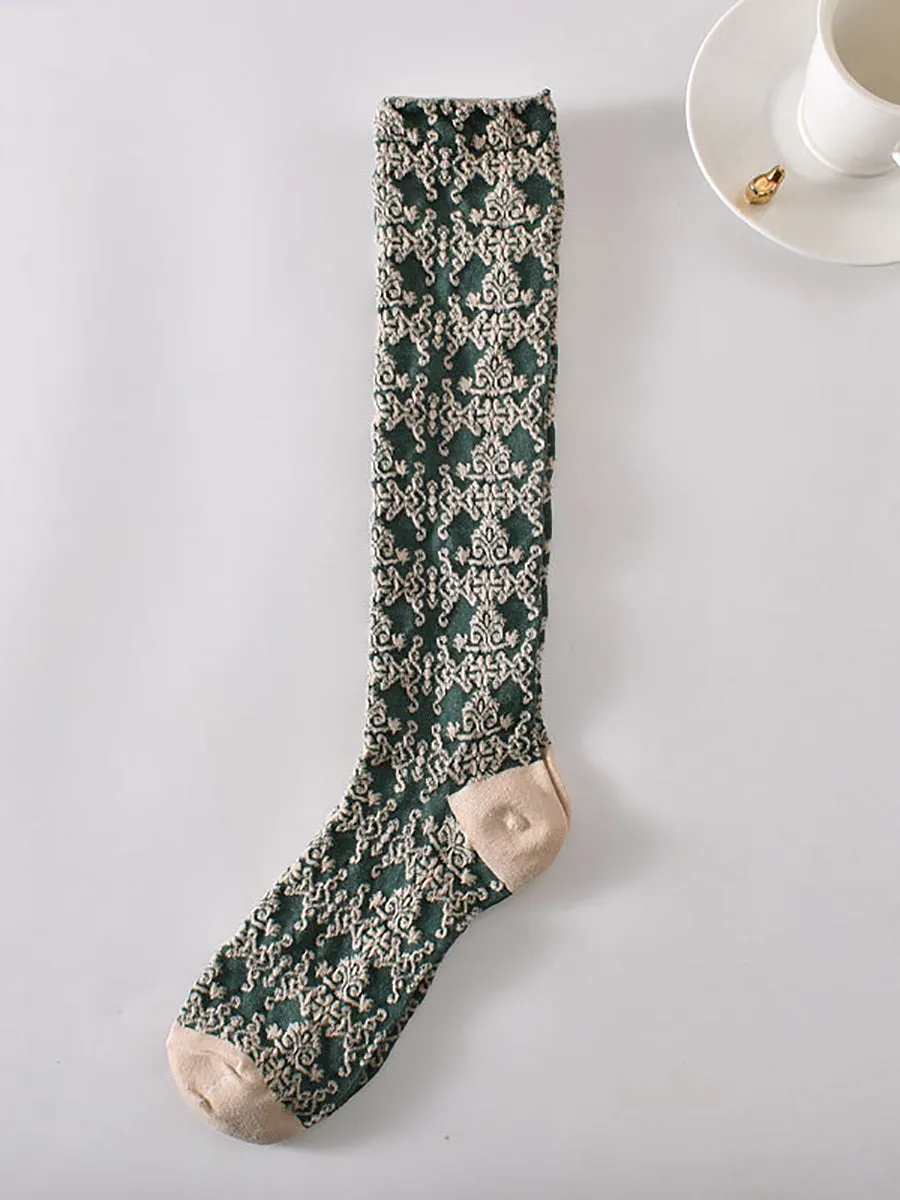 6 Pairs Women Artsy Floral Jacquard Cotton Long Socks