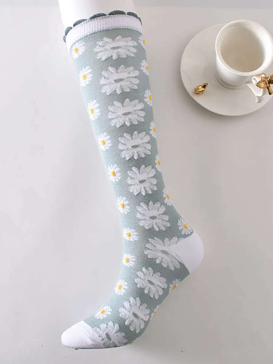 6 Pairs Women Artsy Floral Jacquard Cotton Long Socks