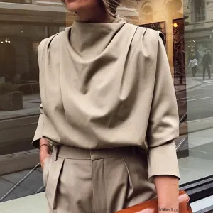 A High Collar Khaki Blouse Long Sleeve