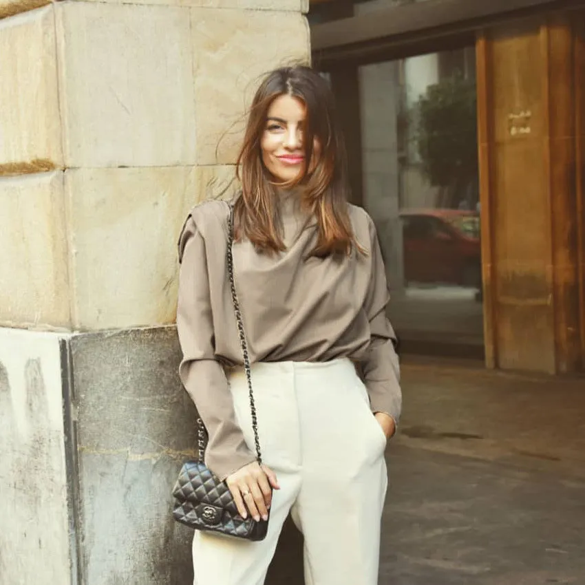 A High Collar Khaki Blouse Long Sleeve