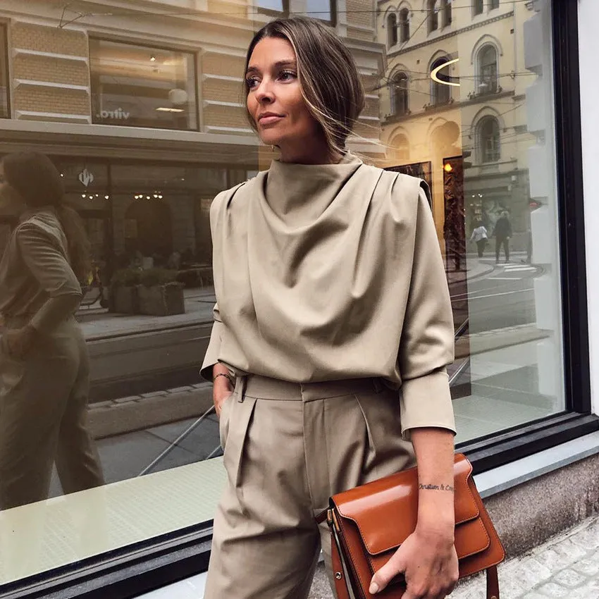 A High Collar Khaki Blouse Long Sleeve