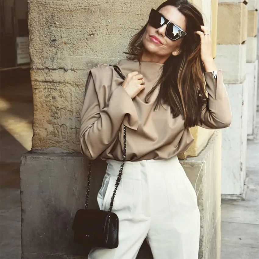 A High Collar Khaki Blouse Long Sleeve
