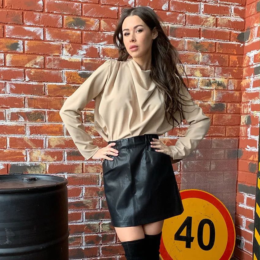 A High Collar Khaki Blouse Long Sleeve