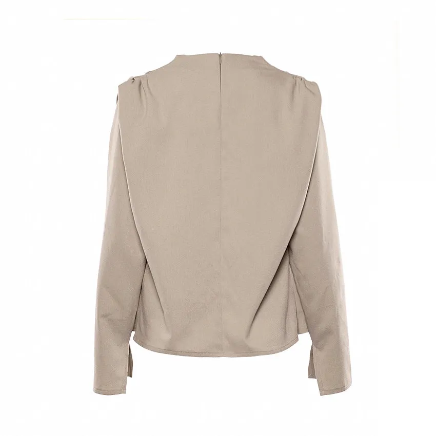A High Collar Khaki Blouse Long Sleeve