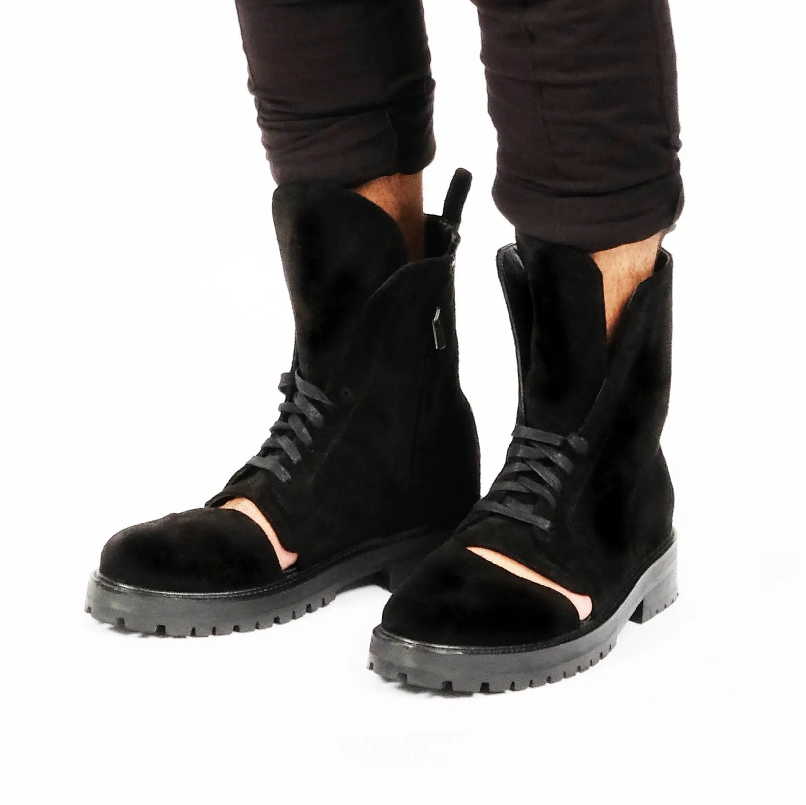 Ankle Cut Suede Boots with Cut-Outs