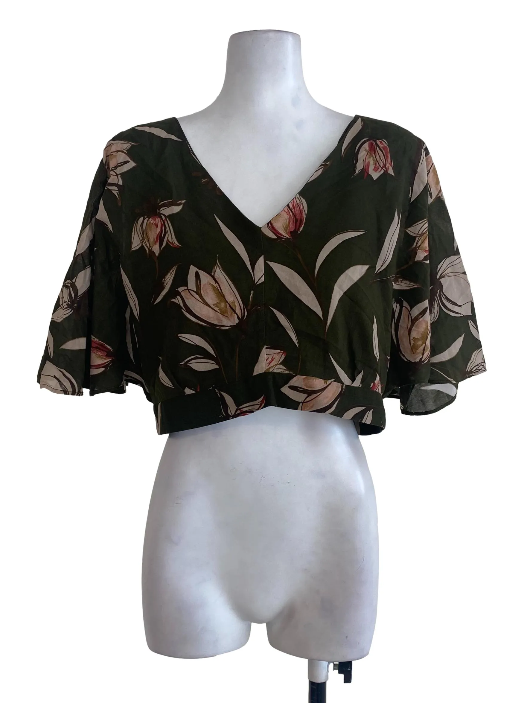 Army Green Floral V Neck Top