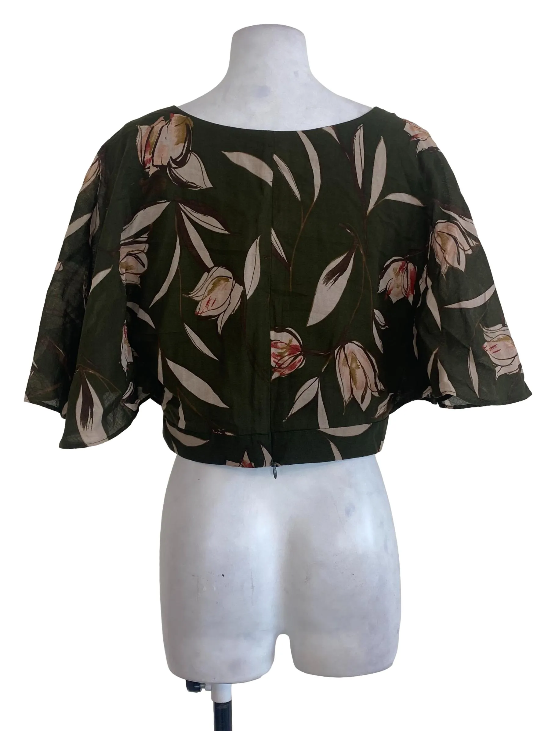 Army Green Floral V Neck Top