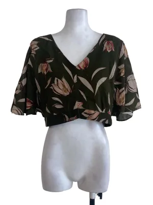 Army Green Floral V Neck Top