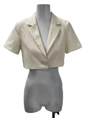 Beige Single Button Crop Collar Top