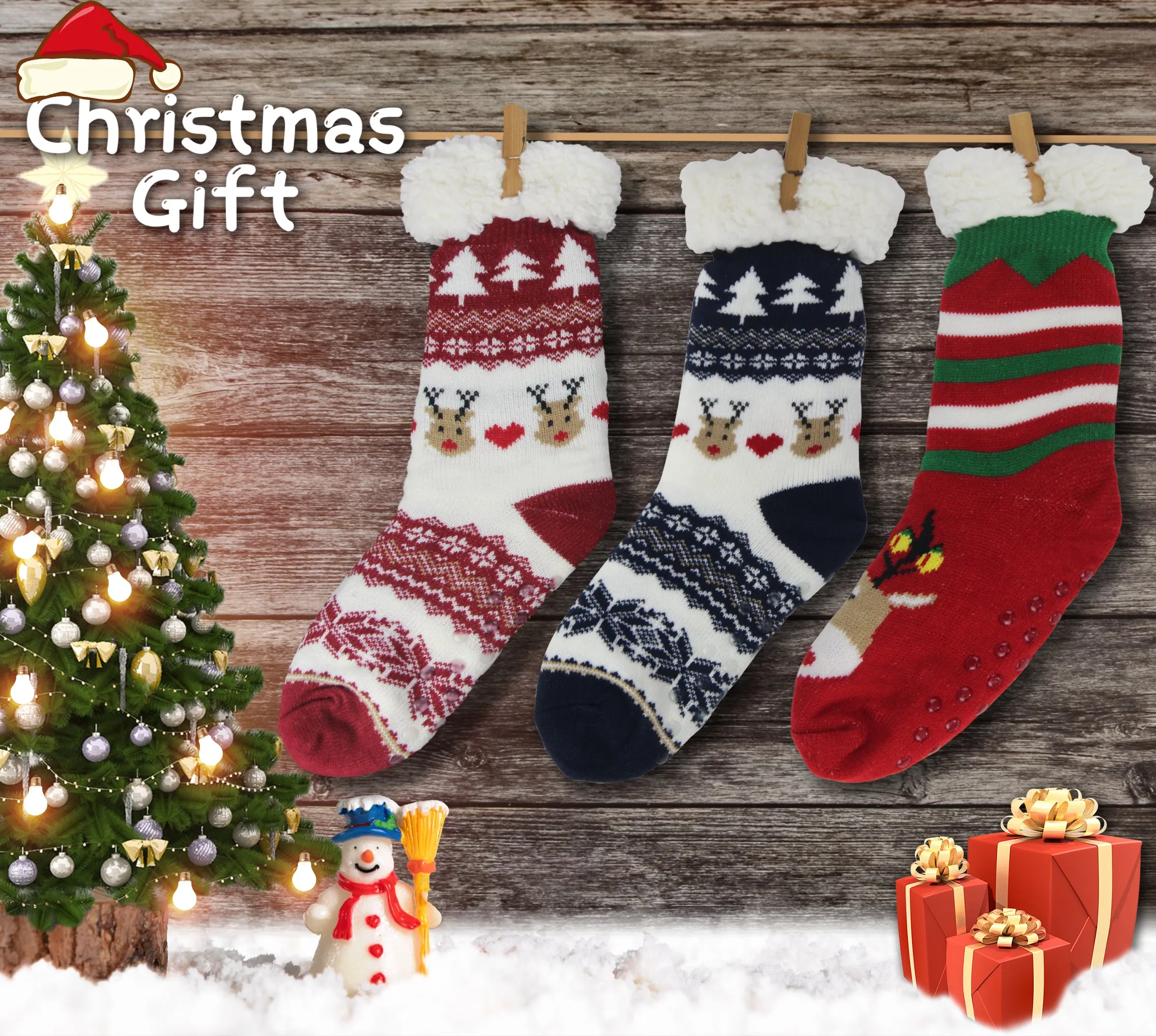 BenSorts Women Winter Thick Slipper Socks with Grippers Non Slip Warm Fuzzy Socks Christmas Gifts