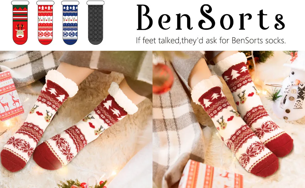 BenSorts Women Winter Thick Slipper Socks with Grippers Non Slip Warm Fuzzy Socks Christmas Gifts