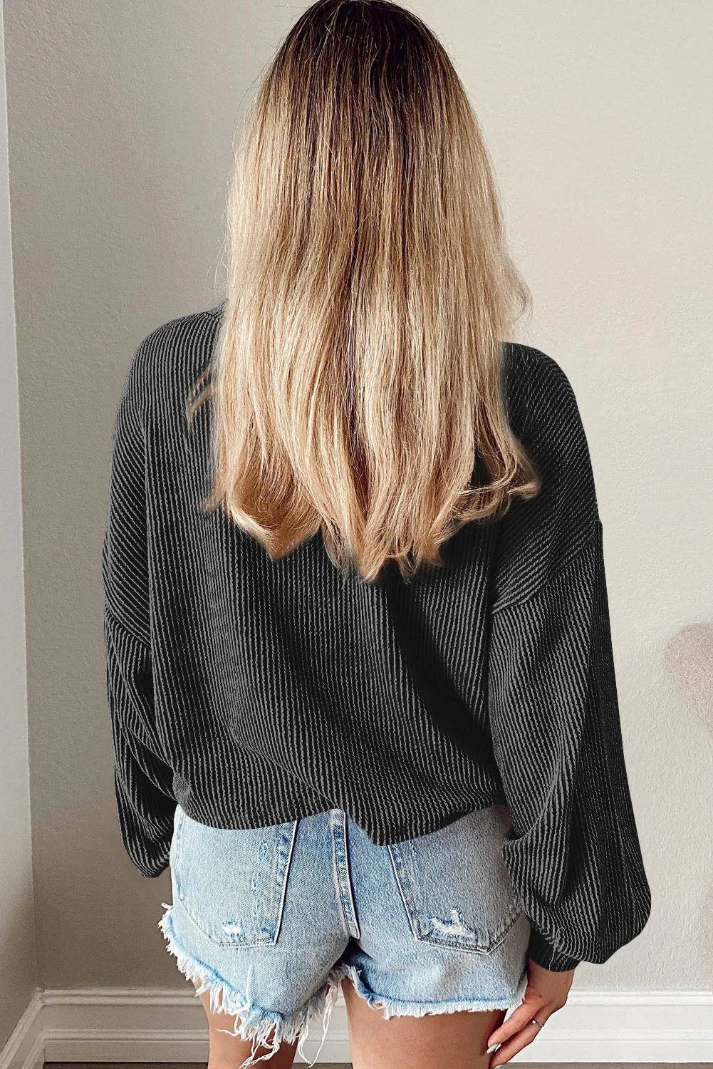 Black Cording Drop Shoulder Puff Sleeve Casual Blouse