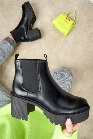 Black Faux Leather Chunky Sole Block Heel Boots - Sofie