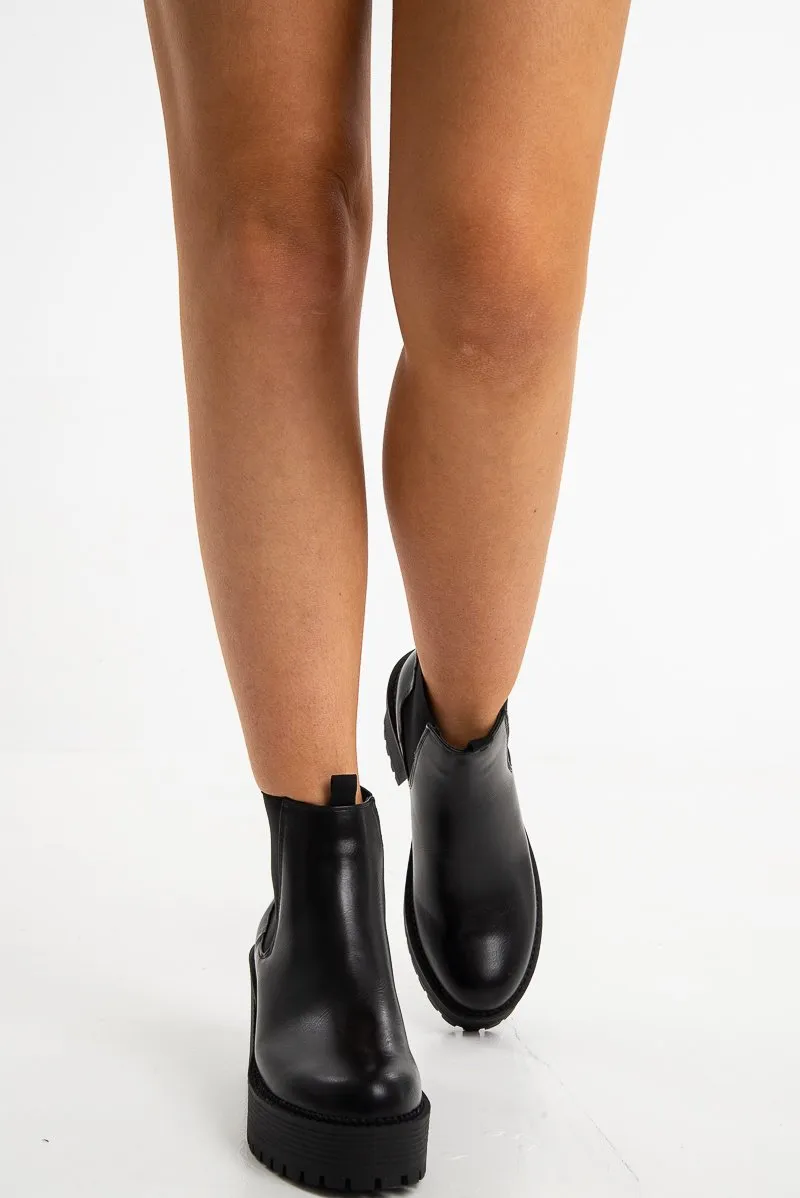 Black Faux Leather Chunky Sole Block Heel Boots - Sofie