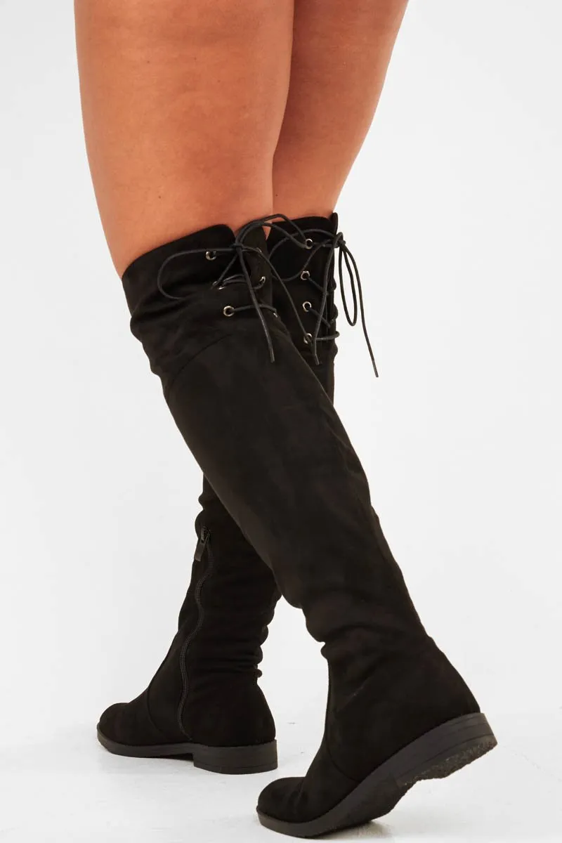 Black Faux Suede Flat Knee High Boots - Oakleigh