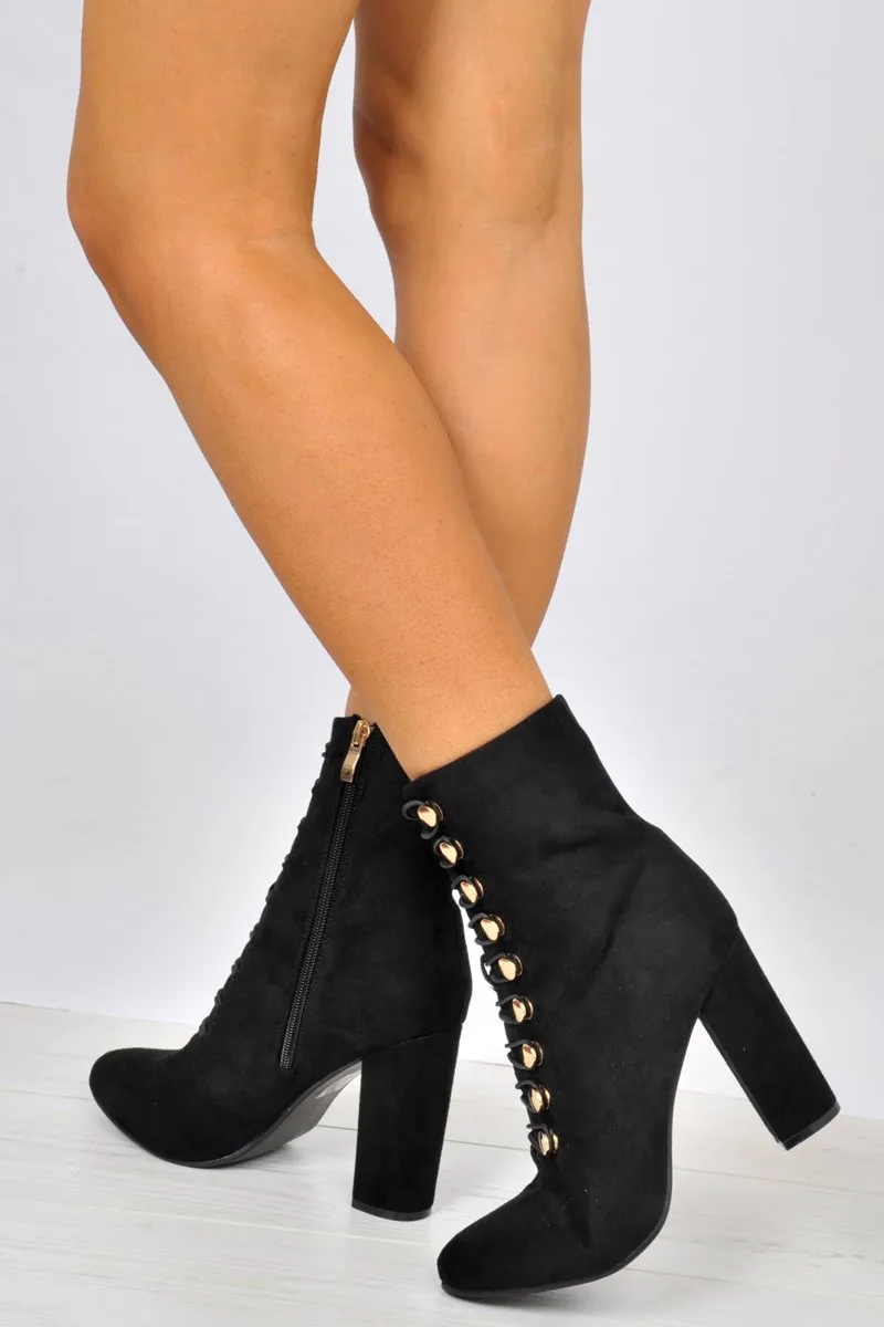 Black Faux Suede Looped Corset Detail Block Heel Ankle Boots - Fenna