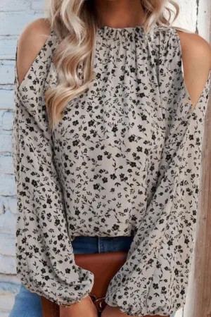 black floral   taupe mock neck blouse