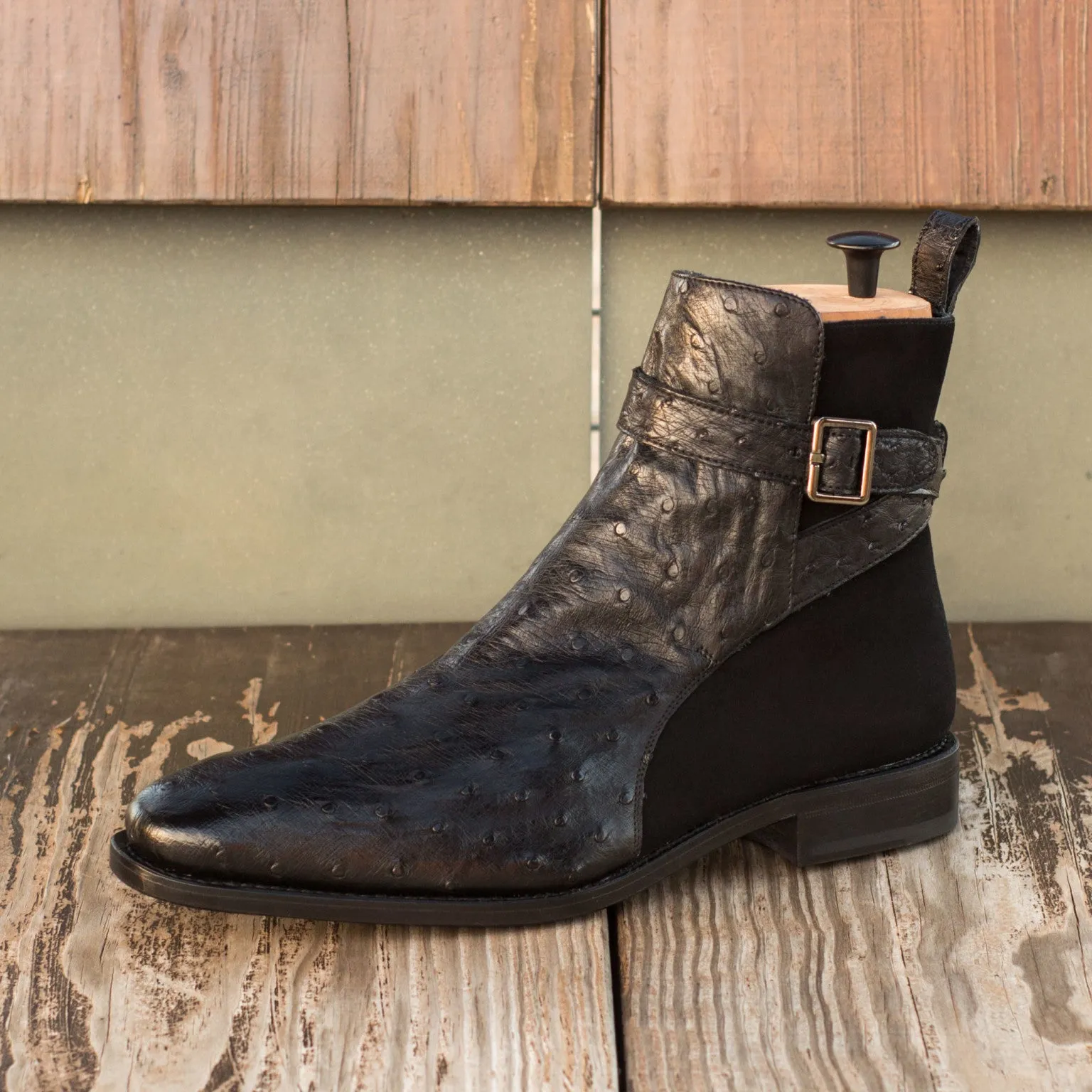 Black Ostrich & Suede Jodhpur Boots