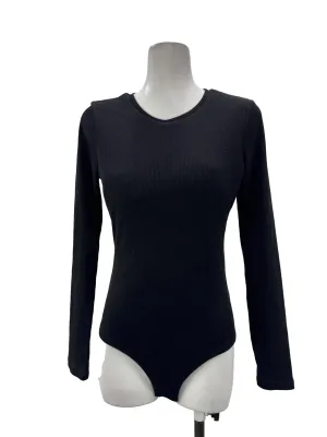 Black Ribbed Long Sleeve Bodysuit With Tie Back