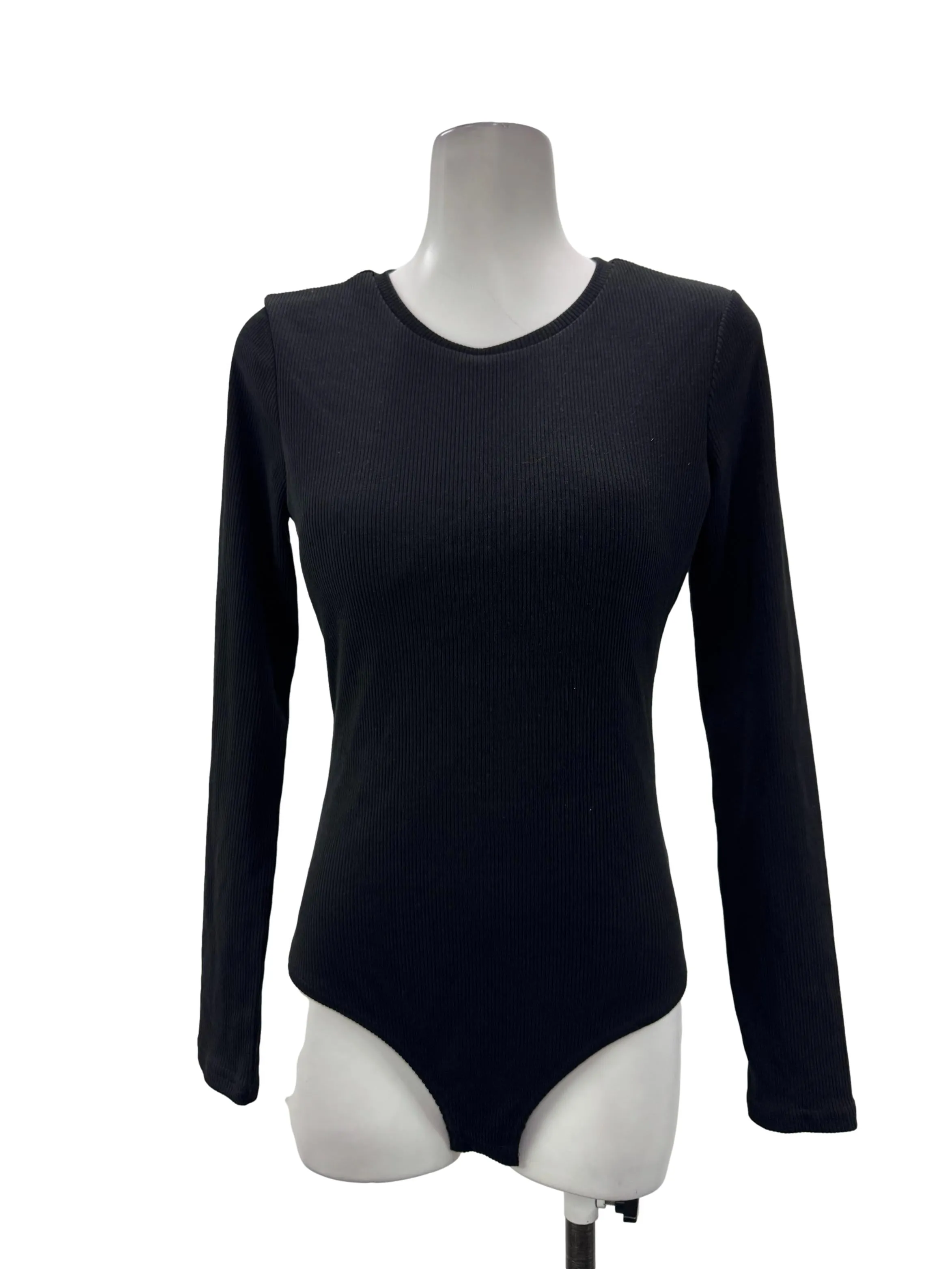 Black Ribbed Long Sleeve Bodysuit With Tie Back