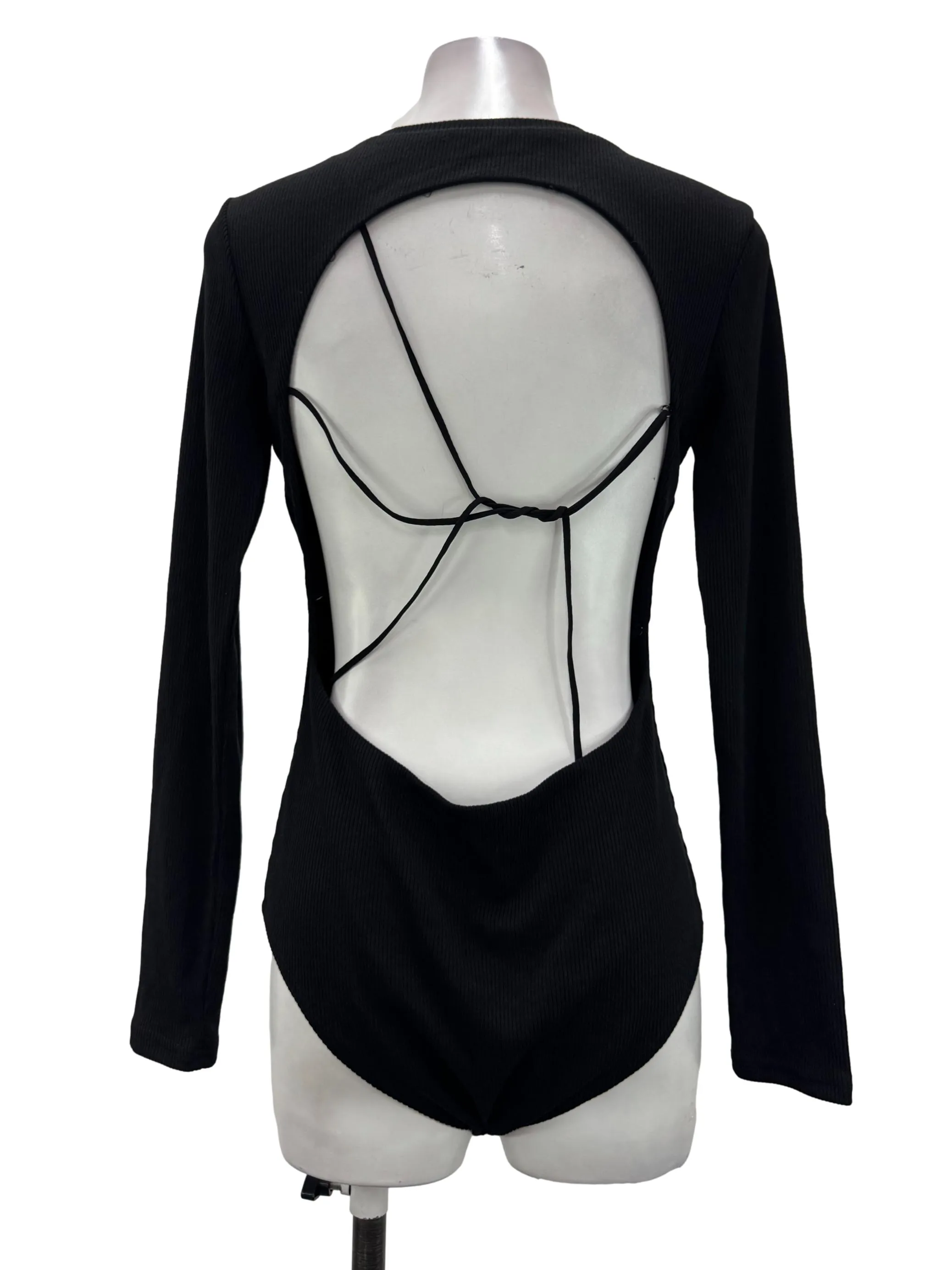 Black Ribbed Long Sleeve Bodysuit With Tie Back