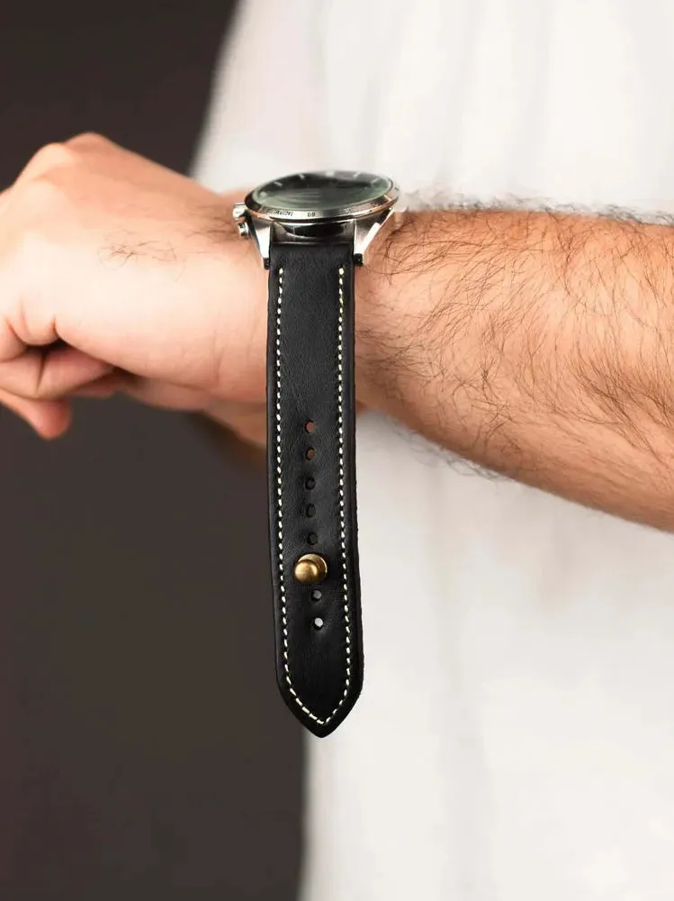 Black/beige Leather Watch Strap - Quick Release Pins - The Stellar