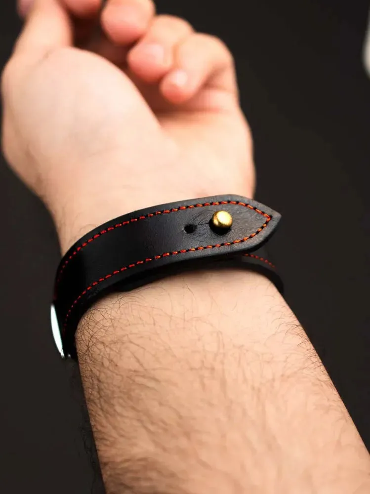 Black/Red Leather Watch Strap - Quick Release Pins - The Stellar