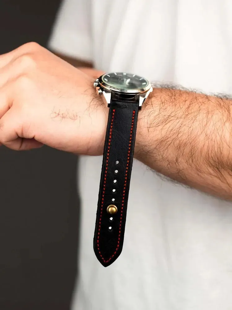 Black/Red Leather Watch Strap - Quick Release Pins - The Stellar