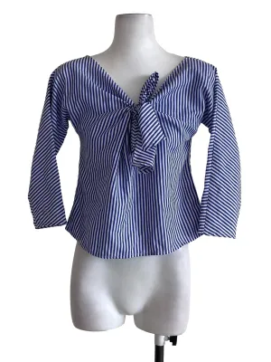 Blue & White Bengal Stripe Pussy Bow Top