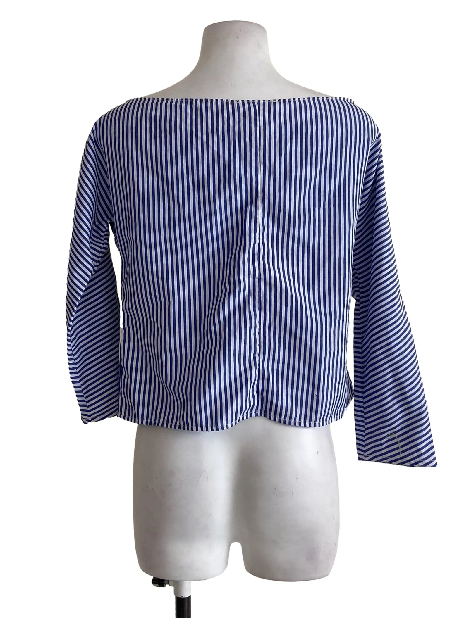 Blue & White Bengal Stripe Pussy Bow Top