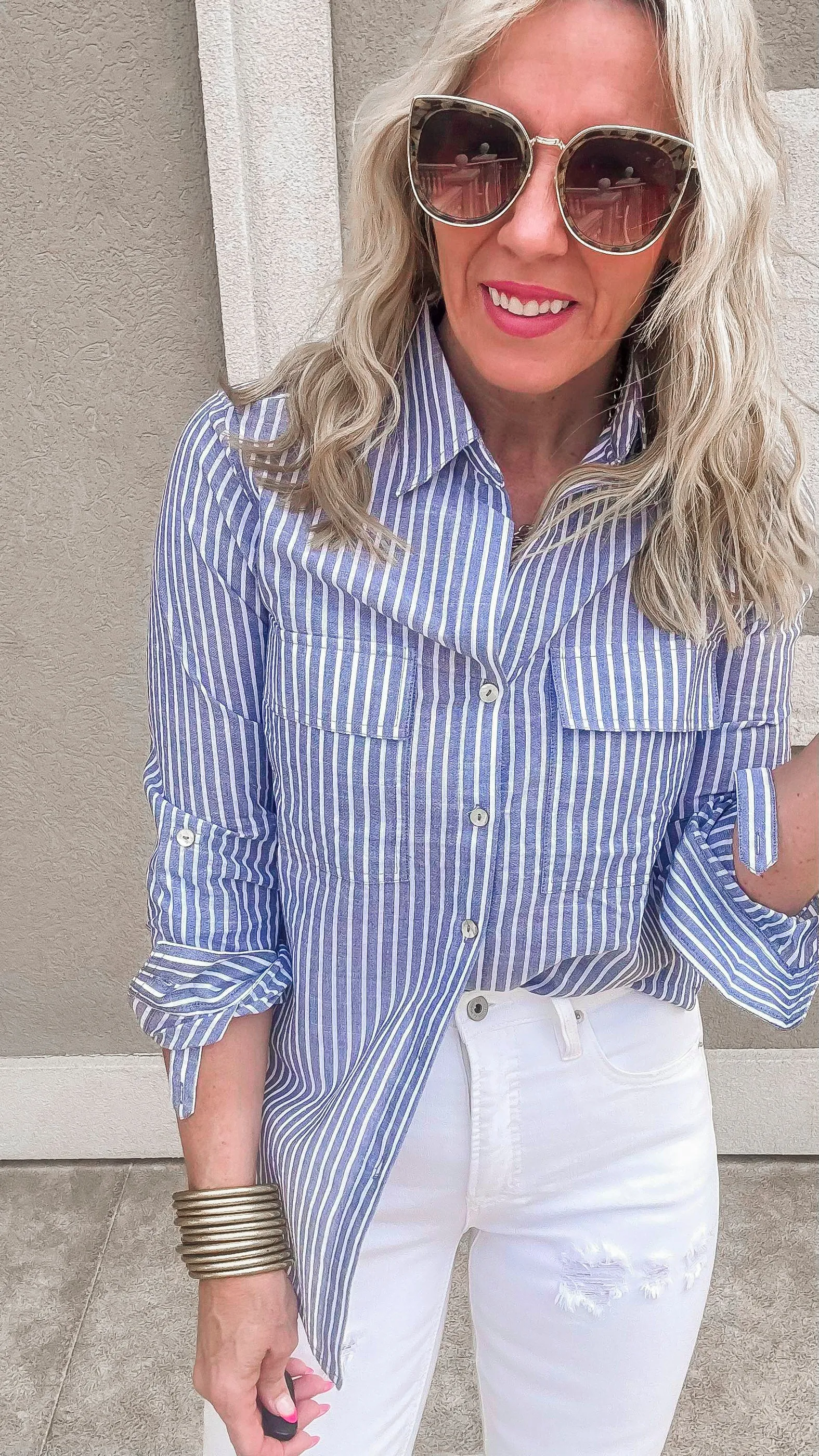 Blue Stripe Long Sleeve Blouse Top