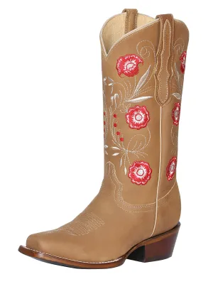 Botas Vaqueras Rodeo con Tubo Bordado de Flores de Piel Genuina para Mujer 'El General' - ID: 42983