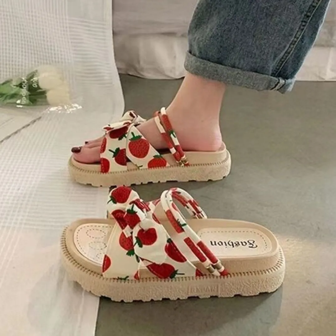 Bow Design Platform Sandals with Ribbed Texture and Adjustable Straps
