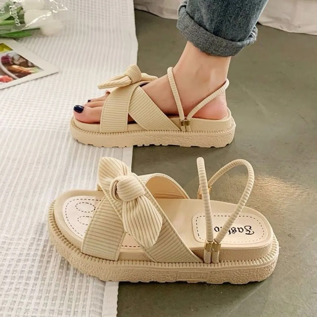 Bow Design Platform Sandals with Ribbed Texture and Adjustable Straps