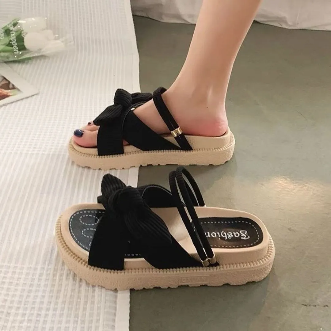 Bow Design Platform Sandals with Ribbed Texture and Adjustable Straps