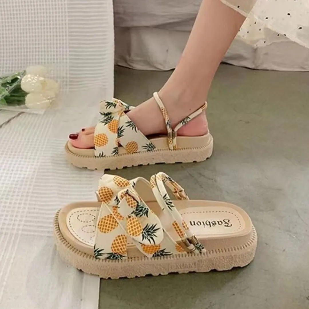 Bow Design Platform Sandals with Ribbed Texture and Adjustable Straps