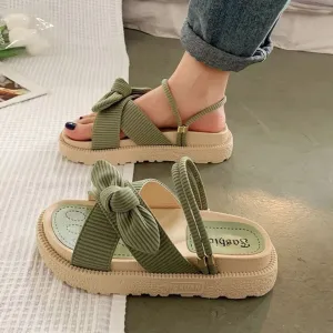 Bow Design Platform Sandals with Ribbed Texture and Adjustable Straps