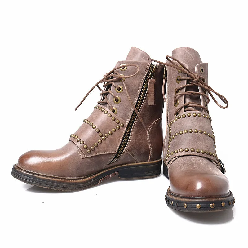 British Designer Women Ankle Boots Studded Winter Boot Shoes Woman Fashion Flats Ladies Boots Gladiator Lace Up Knight Botas