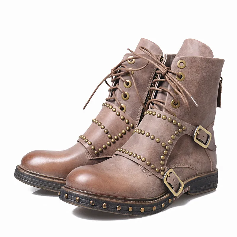 British Designer Women Ankle Boots Studded Winter Boot Shoes Woman Fashion Flats Ladies Boots Gladiator Lace Up Knight Botas