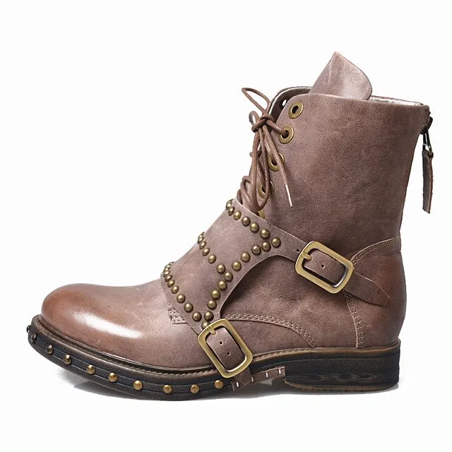 British Designer Women Ankle Boots Studded Winter Boot Shoes Woman Fashion Flats Ladies Boots Gladiator Lace Up Knight Botas