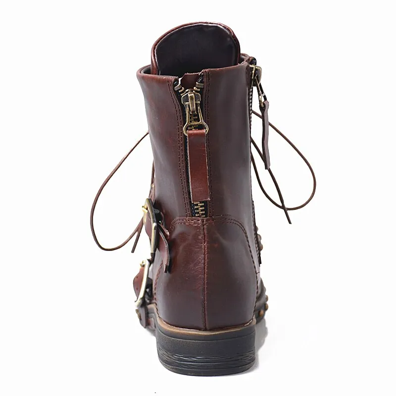 British Designer Women Ankle Boots Studded Winter Boot Shoes Woman Fashion Flats Ladies Boots Gladiator Lace Up Knight Botas
