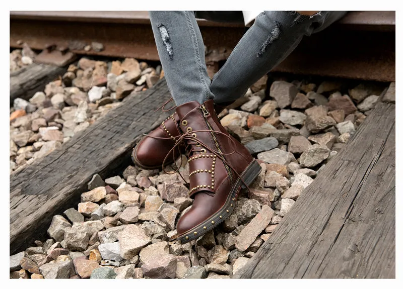 British Designer Women Ankle Boots Studded Winter Boot Shoes Woman Fashion Flats Ladies Boots Gladiator Lace Up Knight Botas