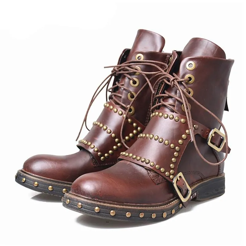 British Designer Women Ankle Boots Studded Winter Boot Shoes Woman Fashion Flats Ladies Boots Gladiator Lace Up Knight Botas