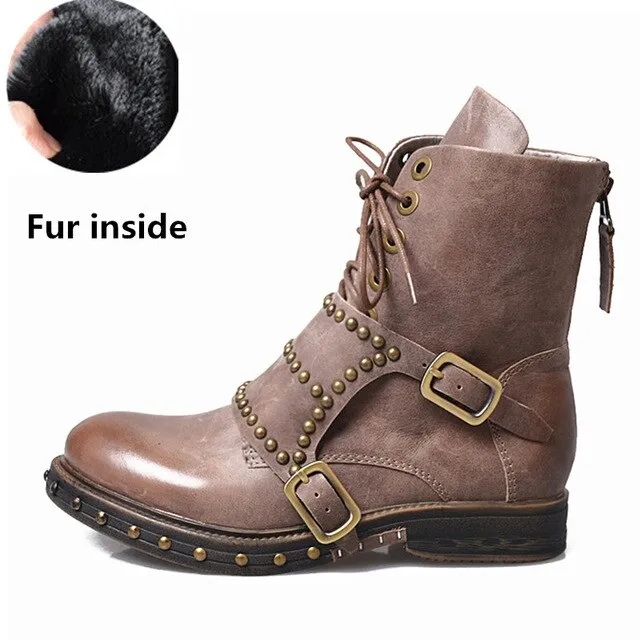 British Designer Women Ankle Boots Studded Winter Boot Shoes Woman Fashion Flats Ladies Boots Gladiator Lace Up Knight Botas