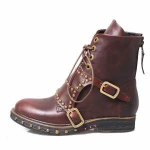 British Designer Women Ankle Boots Studded Winter Boot Shoes Woman Fashion Flats Ladies Boots Gladiator Lace Up Knight Botas