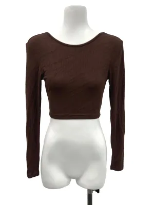 Brown Ribbed Open Back Long Sleeve Top YHF