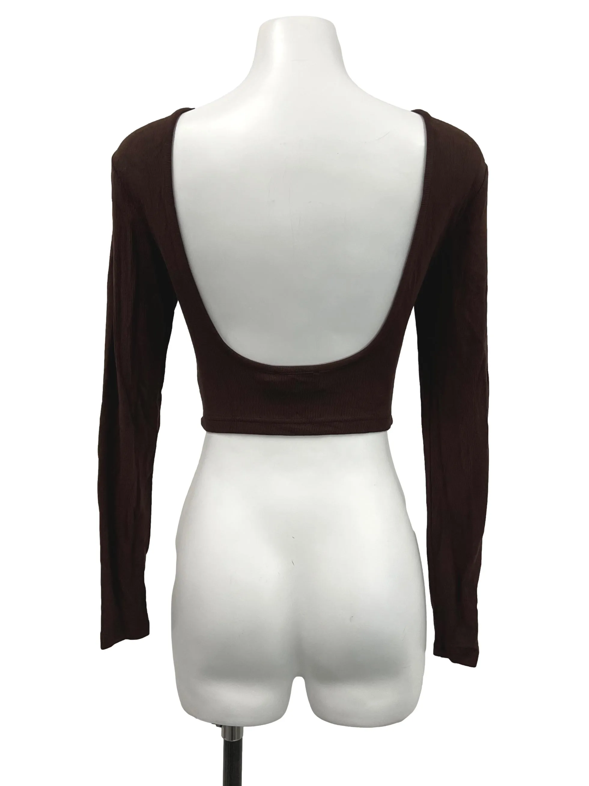 Brown Ribbed Open Back Long Sleeve Top YHF