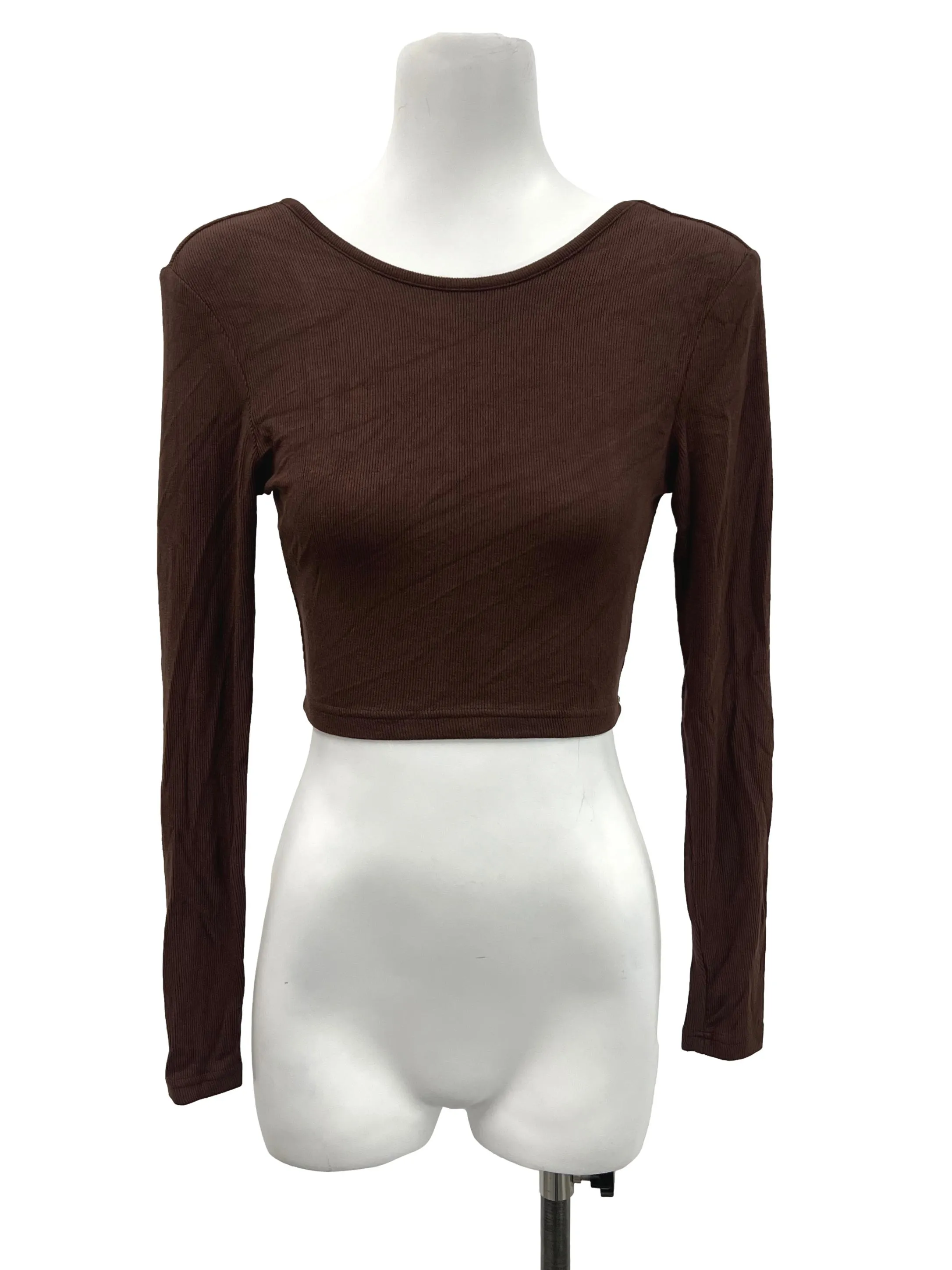 Brown Ribbed Open Back Long Sleeve Top YHF