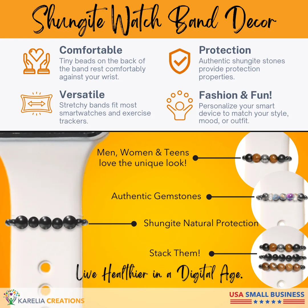 Bundle: Shungite plus Galaxy Tigers Eye Austrian Crystal Smart Watch Band Charms Loops | Apple iWatch Galaxy Smartwatch Decor